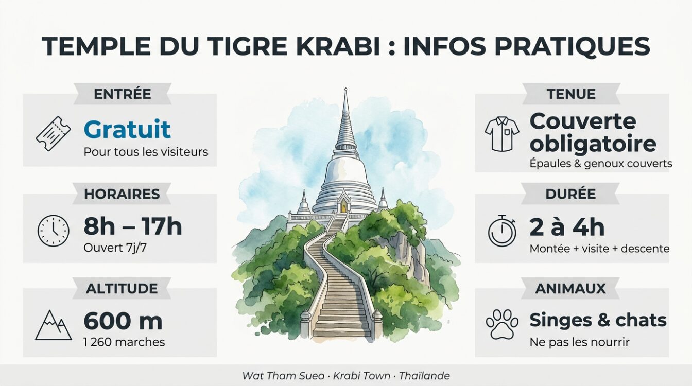 Infographie infos pratiques temple du tigre Krabi : entrée gratuite, horaires 8h-17h, tenue respectueuse