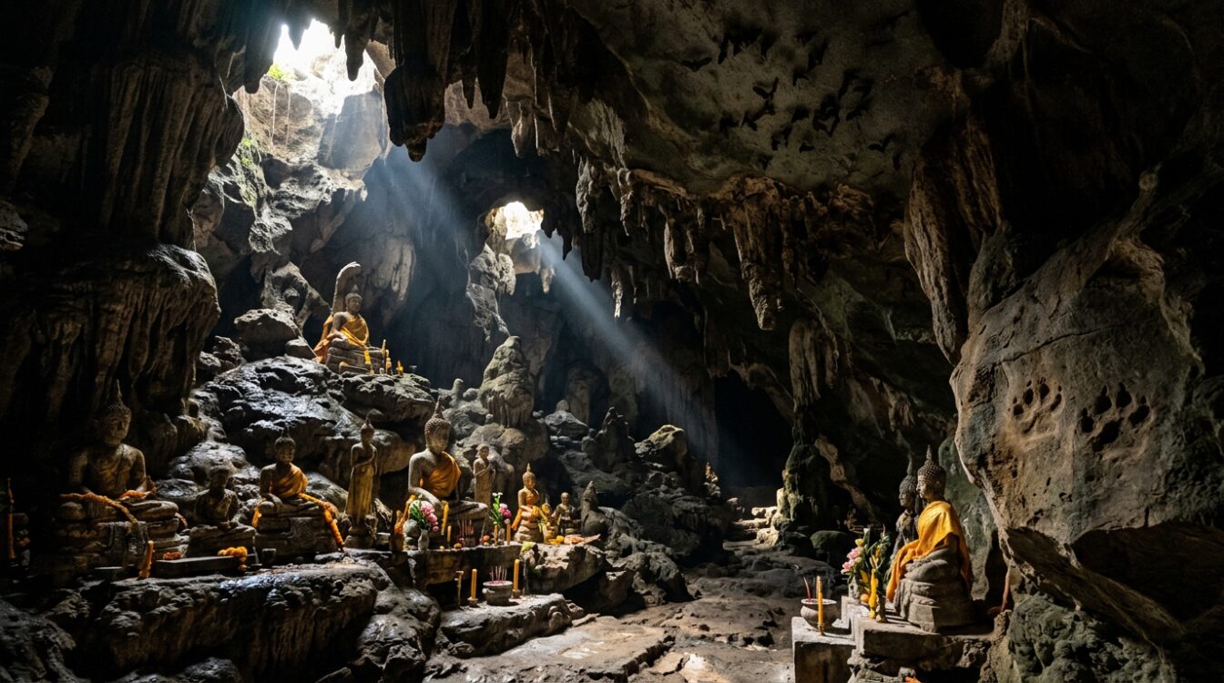 Grotte de meditation du Wat Tham Suea avec empreintes de tigre dans la roche, Krabi