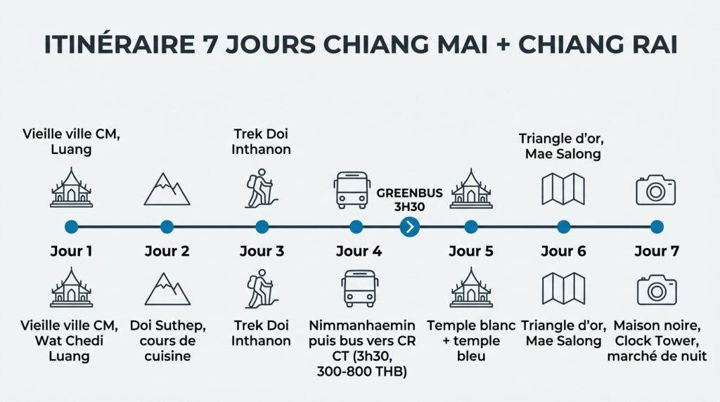 Itinéraire recommandé de 7 jours entre Chiang Mai et Chiang Rai avec étapes jour par jour