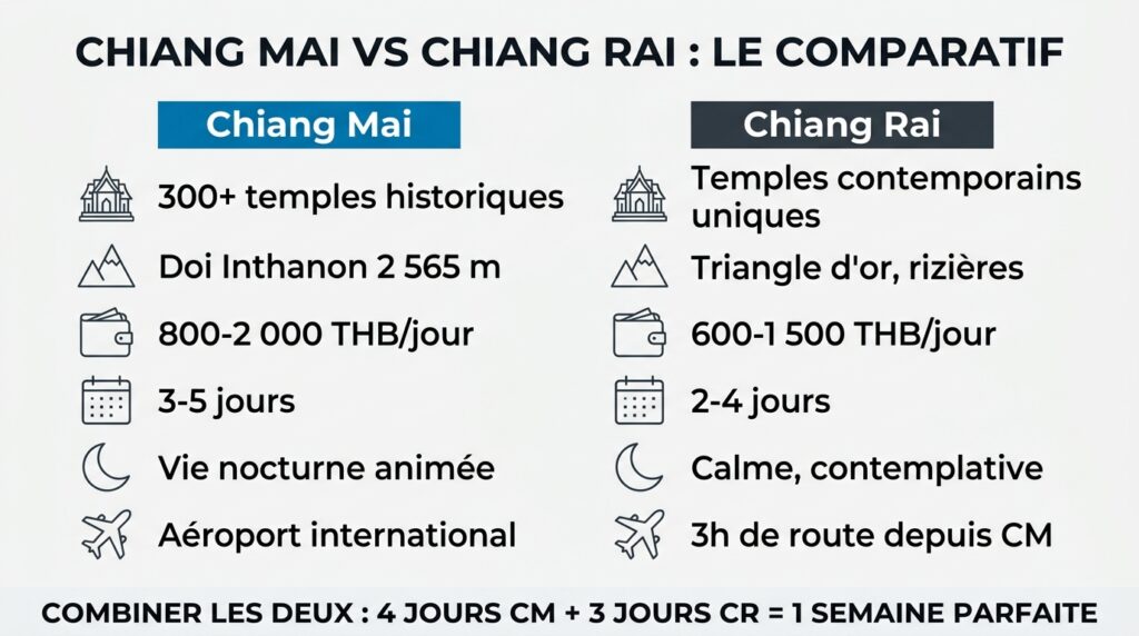Comparatif détaillé Chiang Mai vs Chiang Rai avec budget, temples, nature et durée recommandée