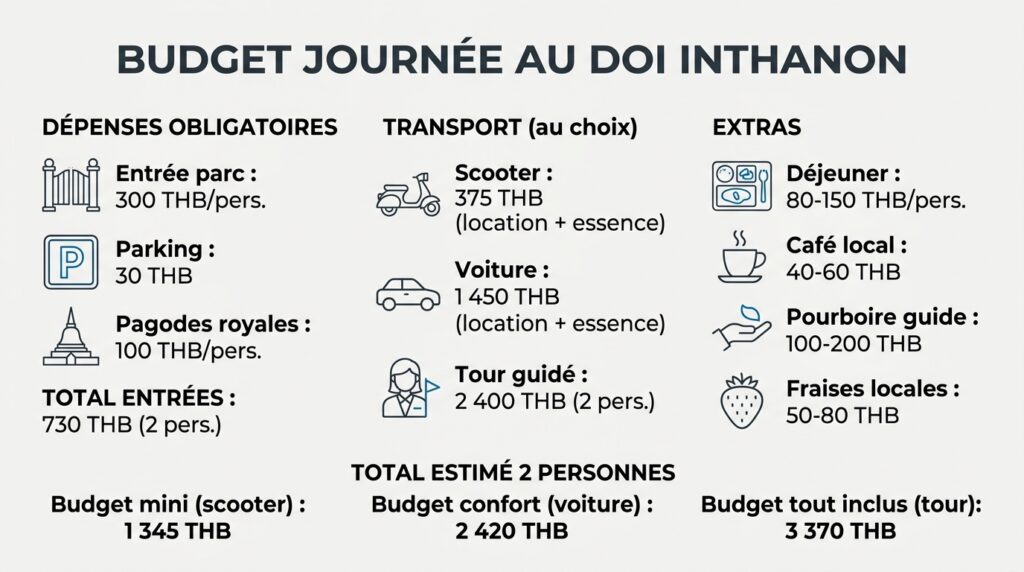 Budget détaillé pour une journée au Doi Inthanon pour deux personnes en baht thaïlandais