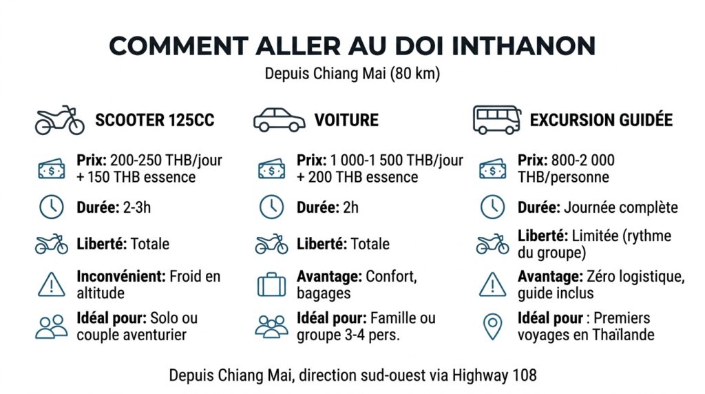 Comparatif des transports pour aller au Doi Inthanon depuis Chiang Mai avec prix et durée