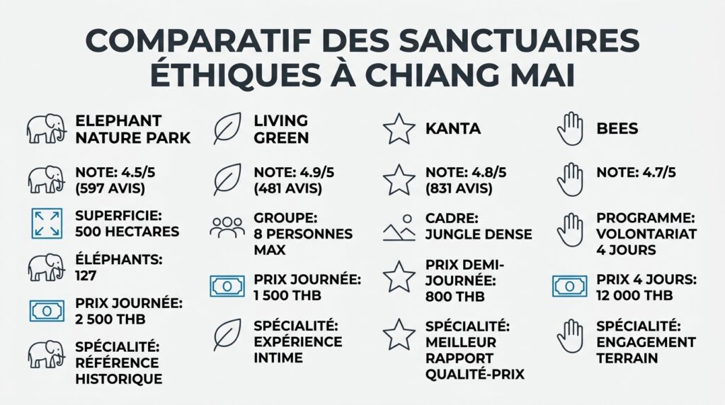 Comparatif des sanctuaires éthiques à Chiang Mai avec notes et prix