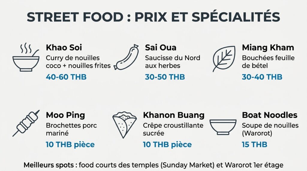 Guide des prix de la street food sur les marchés nocturnes de Chiang Mai avec six plats typiques