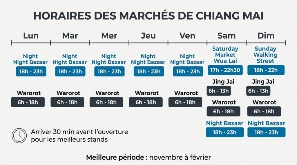Planning hebdomadaire des marchés nocturnes de Chiang Mai avec horaires par jour