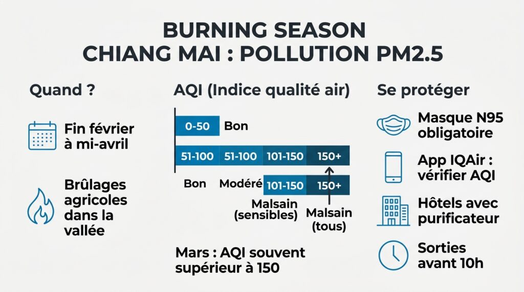 Infographie sur la burning season et la pollution PM2.5 à Chiang Mai de mars à avril