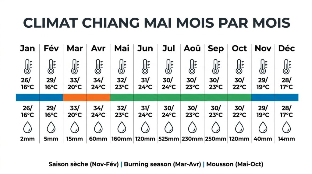 Tableau climatique de Chiang Mai avec températures et précipitations par mois