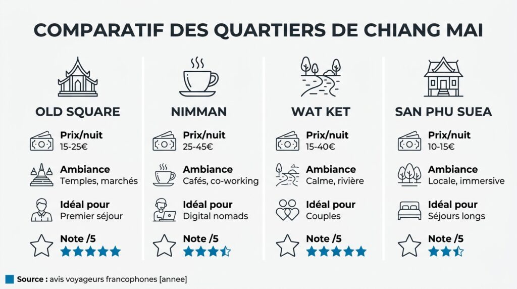 Comparatif des quatre quartiers où dormir à Chiang Mai avec prix et ambiance