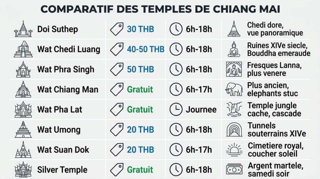 Tableau comparatif des prix et horaires des temples de Chiang Mai