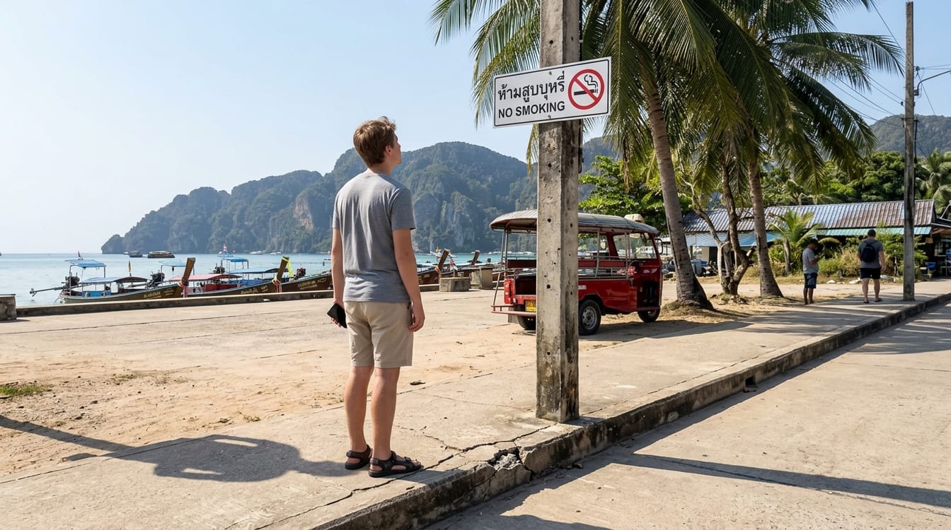 Panneau interdisant de fumer du cannabis en Thaïlande sur une promenade