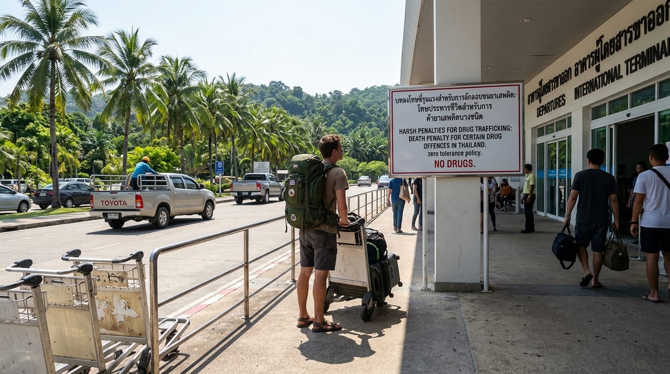 Panneau d'avertissement sur le cannabis et les stupéfiants à l'aéroport en Thaïlande