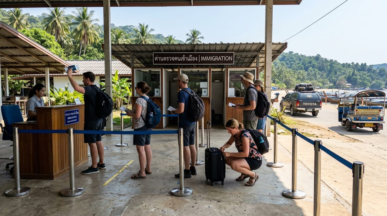 TDAC Thaïlande, voyageurs français remplissant la carte d'arrivée sur leur téléphone avant l'embarquement
