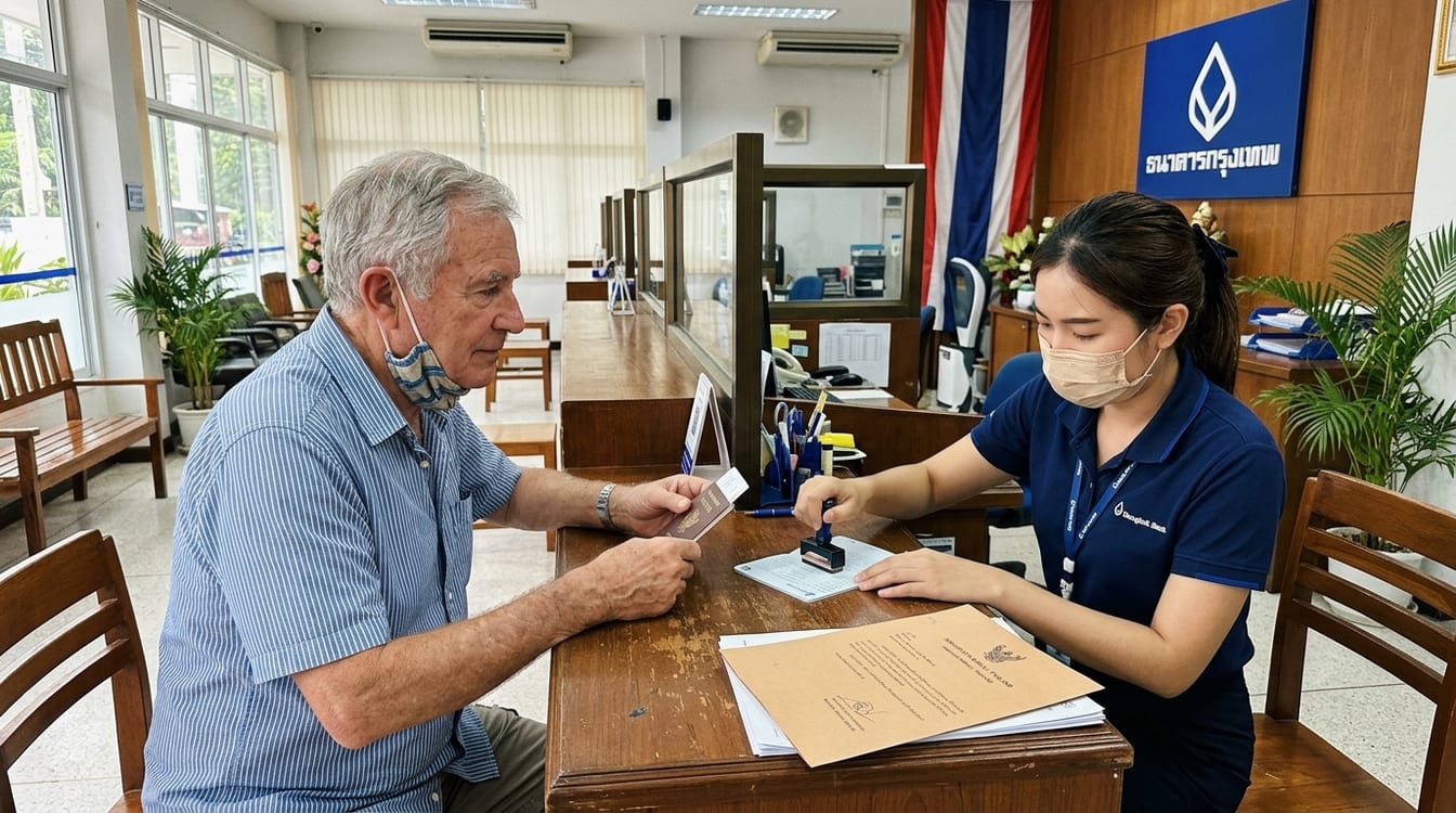 Retraité au guichet Bangkok Bank pour la lettre d'immigration