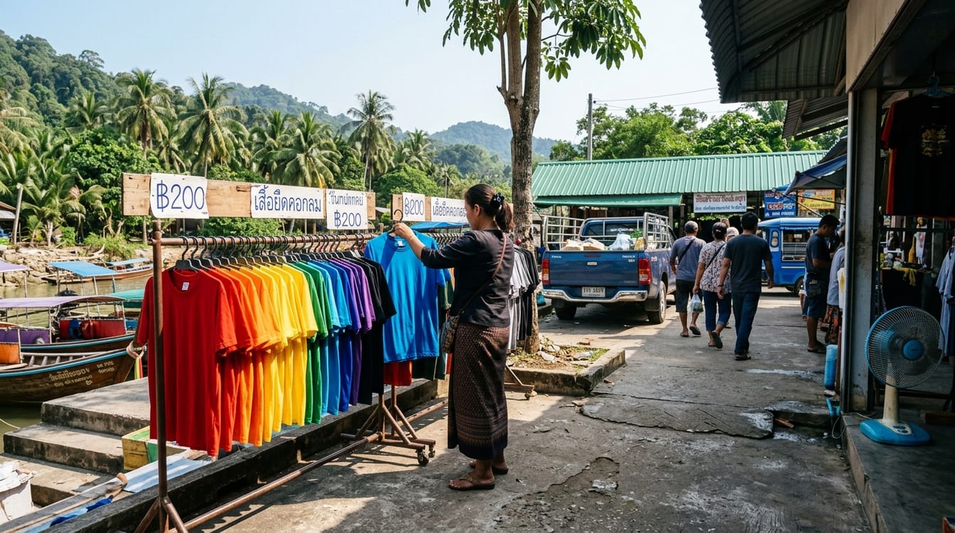 Étal de polos colorés sur un marché thaïlandais, une couleur par jour