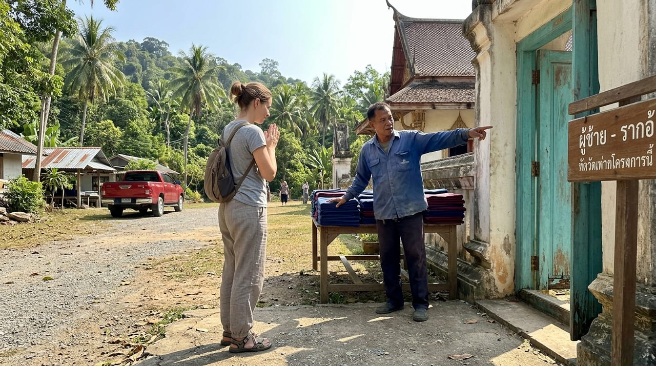 Rattraper une couleur mal choisie en Thaïlande, paréo acheté à l'entrée d'un temple