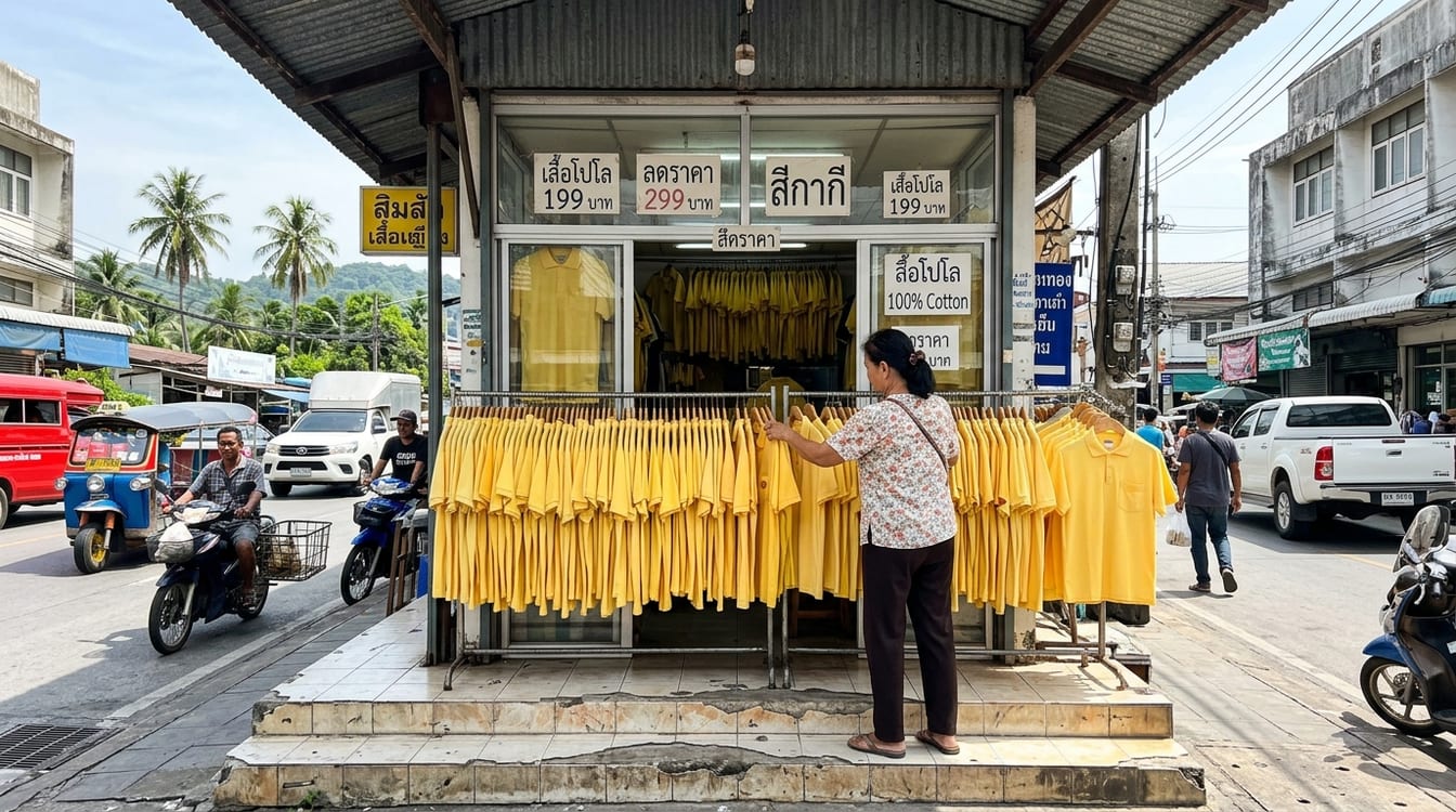 Couleur royale en Thaïlande, polo jaune porté un lundi devant un portrait du roi