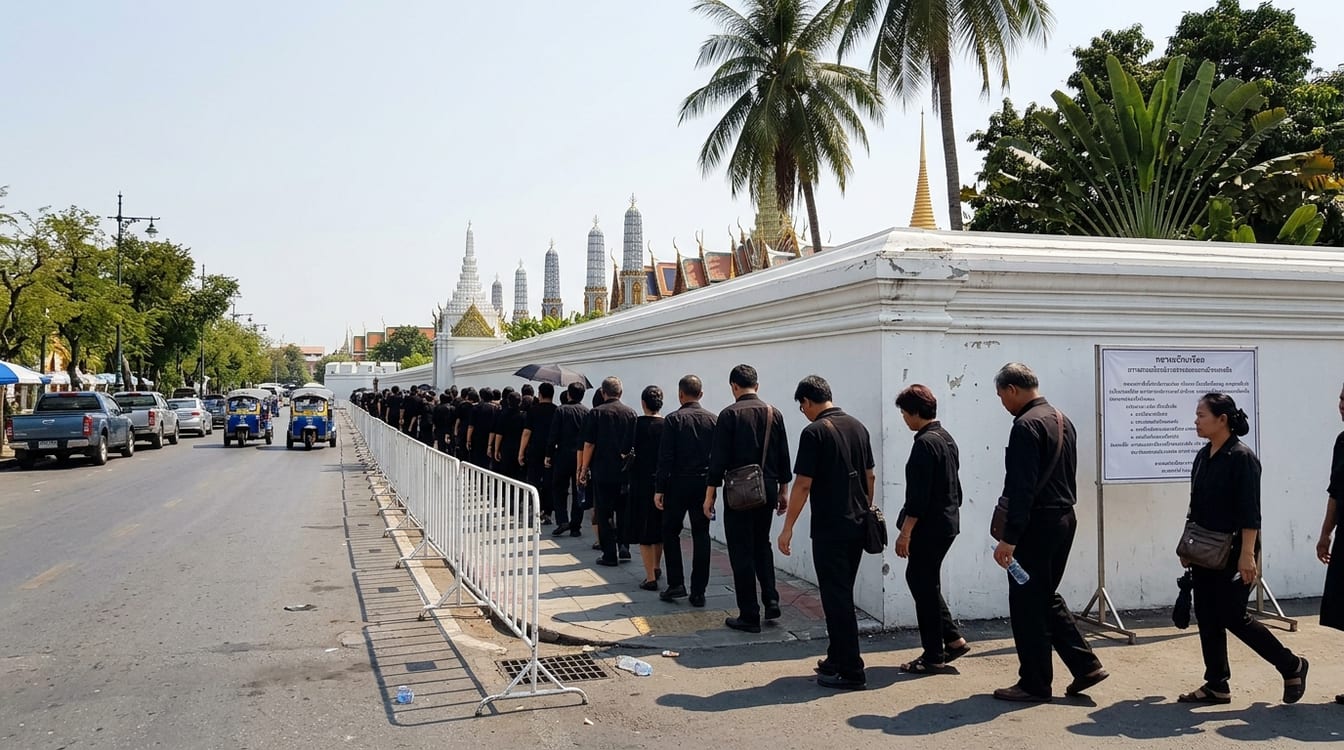Couleur du deuil royal en Thaïlande, portrait drapé de noir devant un bâtiment officiel