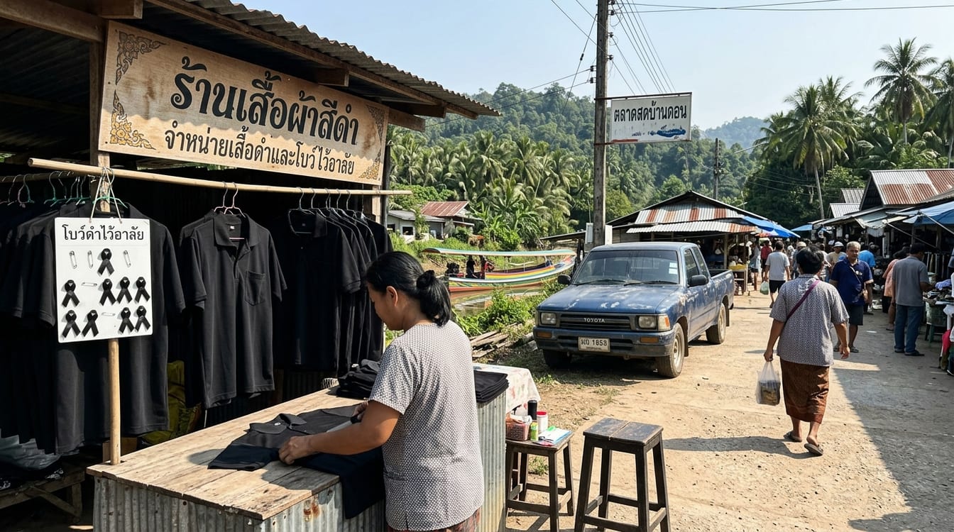 Couleurs de deuil en Thaïlande, famille en noir et blanc lors de funérailles bouddhistes