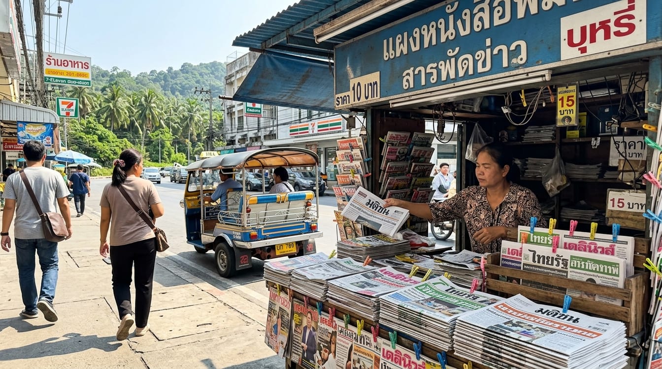 Couleurs politiques en Thaïlande, rue de Bangkok pavoisée de drapeaux et de banderoles