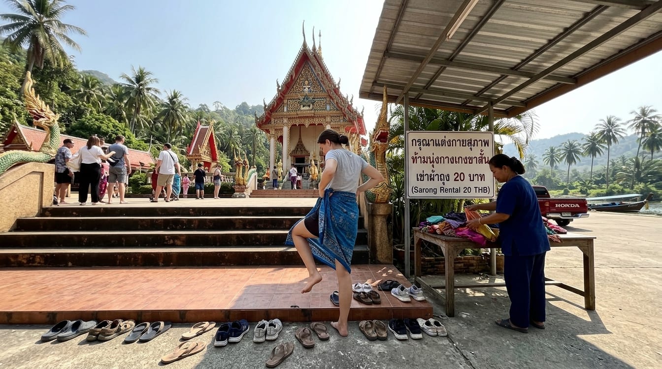 Couleurs et tenue au temple en Thaïlande, visiteurs aux épaules et jambes couvertes