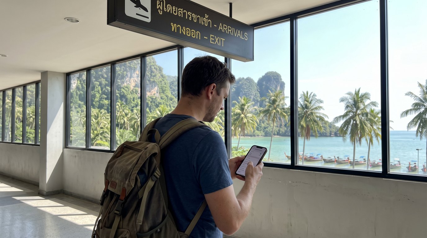 Voyageur téléphone en main passant devant les comptoirs des opérateurs dans un aéroport thaïlandais