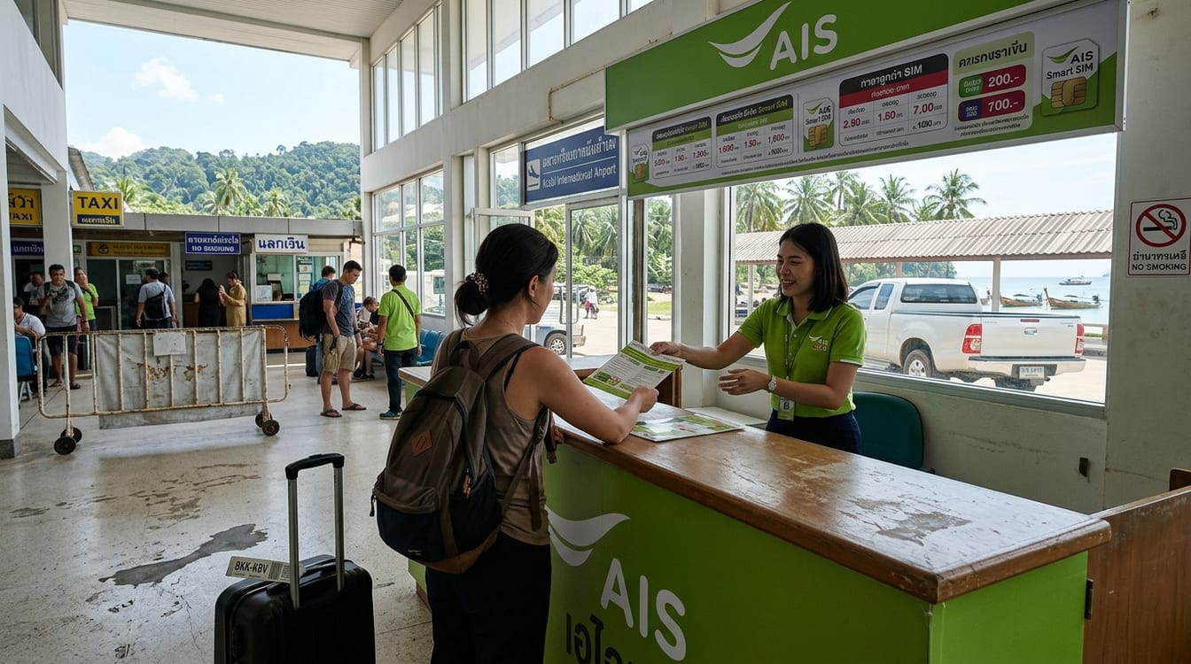 Comptoir AIS vendant une eSIM Thaïlande locale, tarifs en bahts