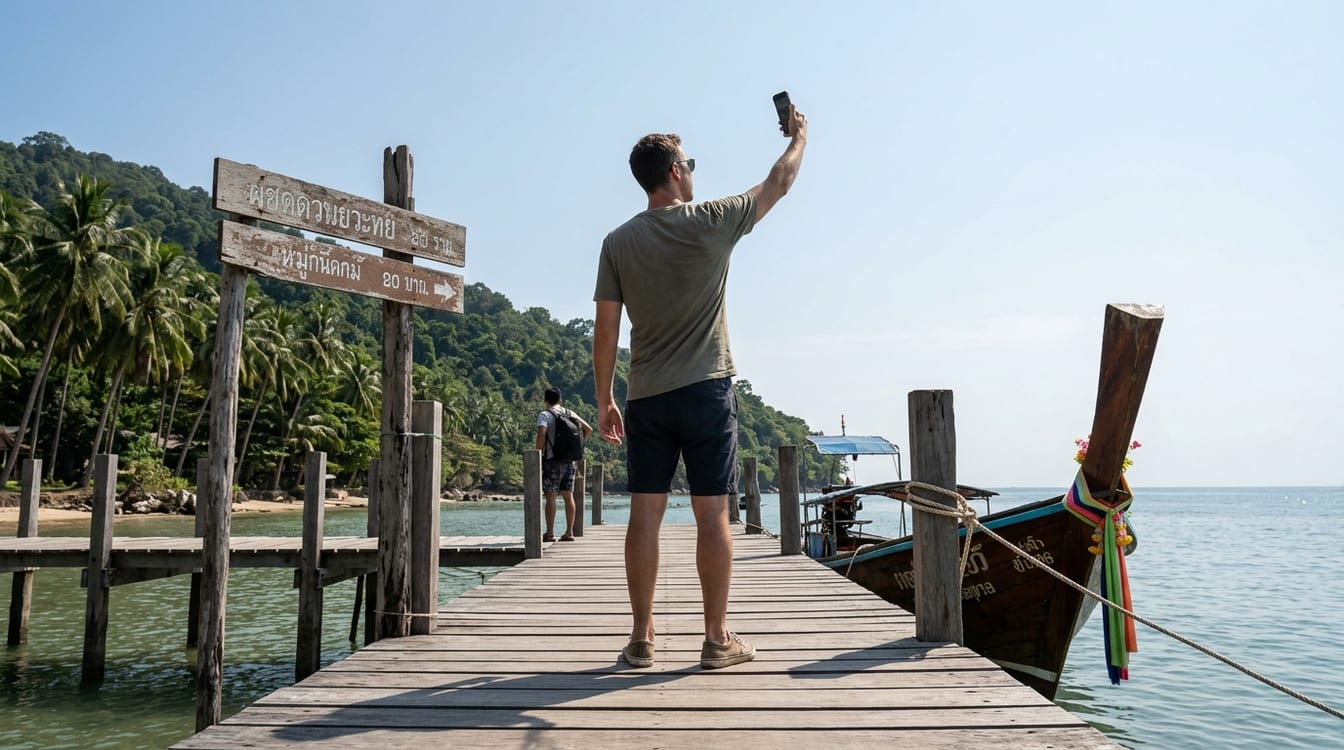 Voyageur vérifiant sa ligne française après avoir activé une eSIM Thaïlande