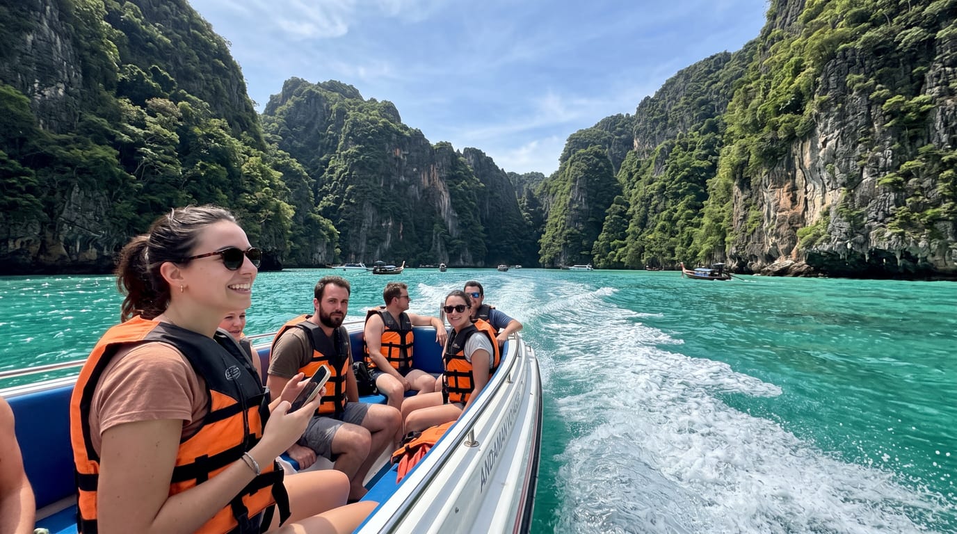 Bateau longtail au mouillage devant les pitons calcaires de la mer d'Andaman au départ de Phuket