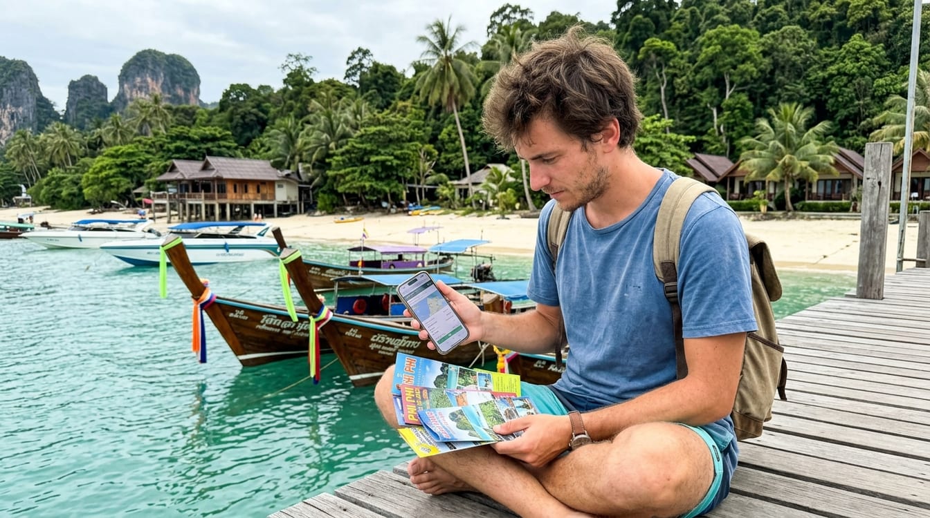 Voyageurs comparant les offres d'excursions sur un ponton de Phuket