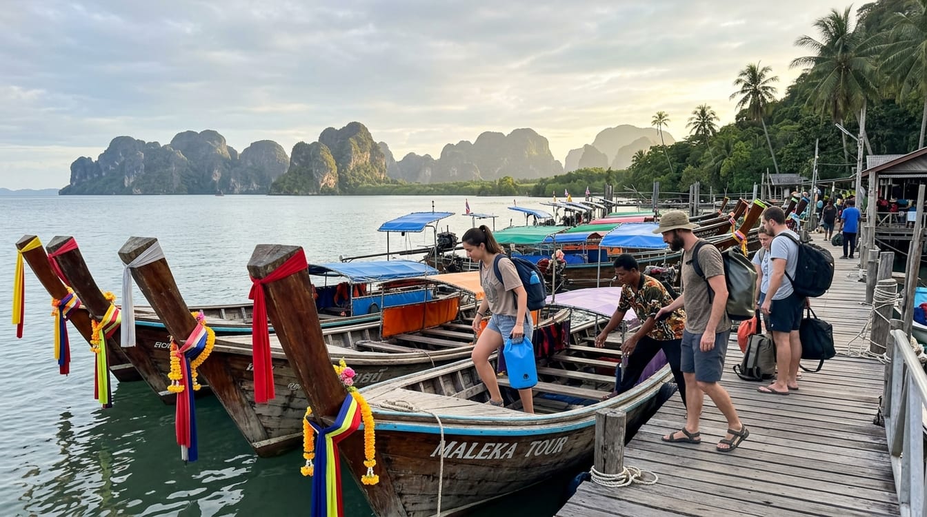 Longtails alignés sur une plage de Phuket au départ des excursions