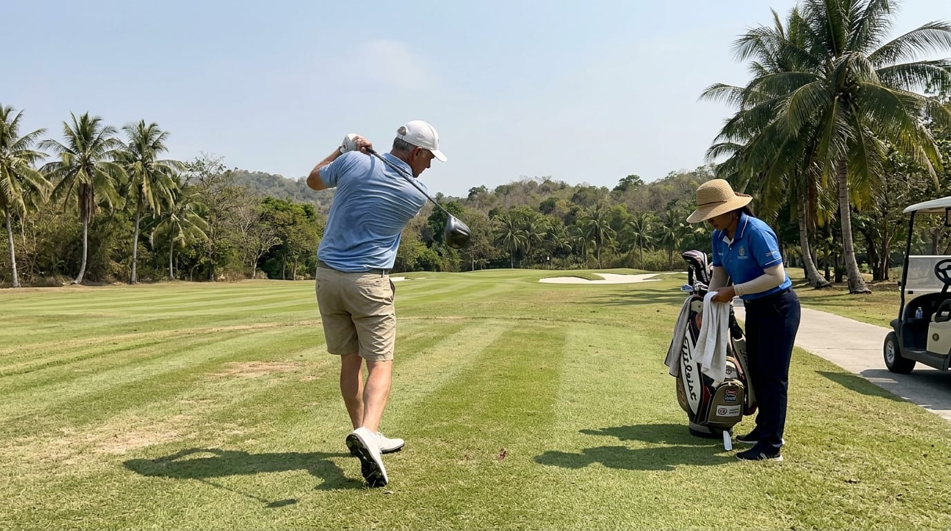 Golfeur sur un fairway bordé de palmiers, parcours de golf en Thaïlande