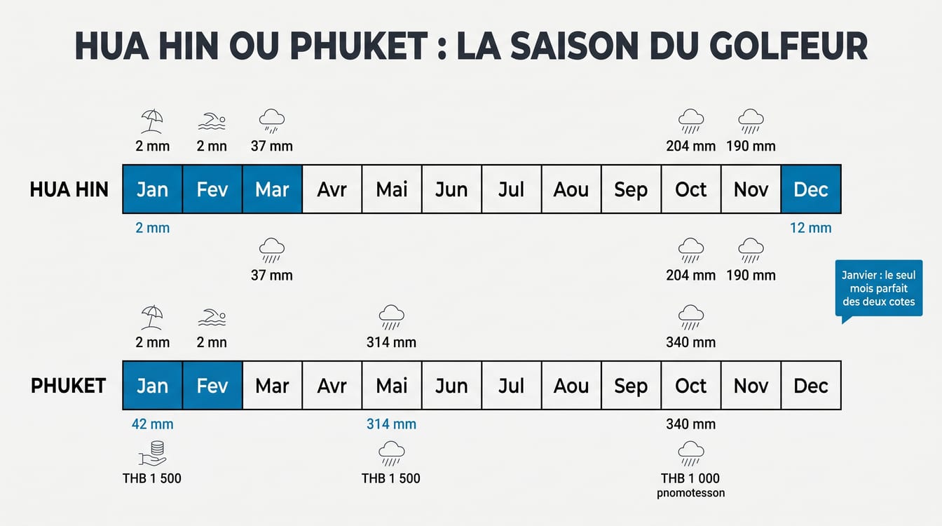 Pluviométrie comparée de Hua Hin et Phuket pour le golf en Thaïlande