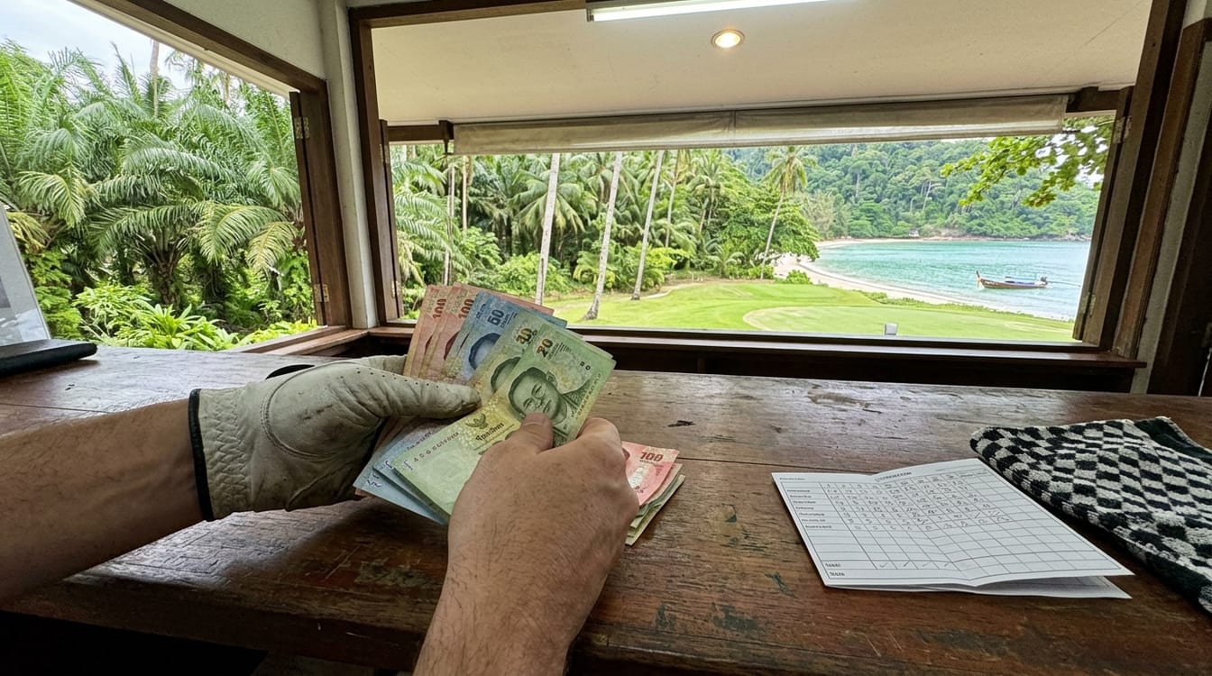 Golfeur réglant sa partie de golf en Thaïlande au comptoir du club-house