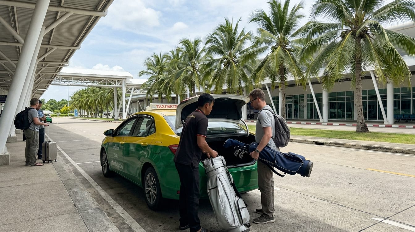 Sac de clubs de golf en housse à l'aéroport avant un séjour en Thaïlande