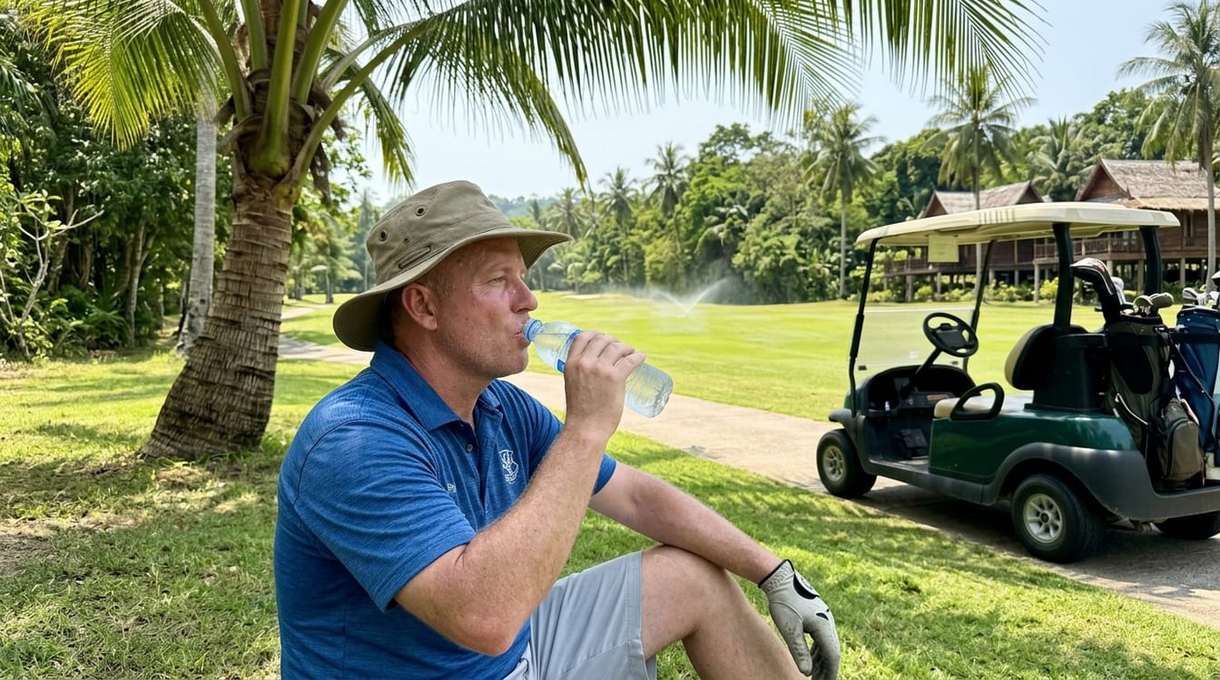 Golfeur s'hydratant sous la chaleur sur un parcours de golf en Thaïlande