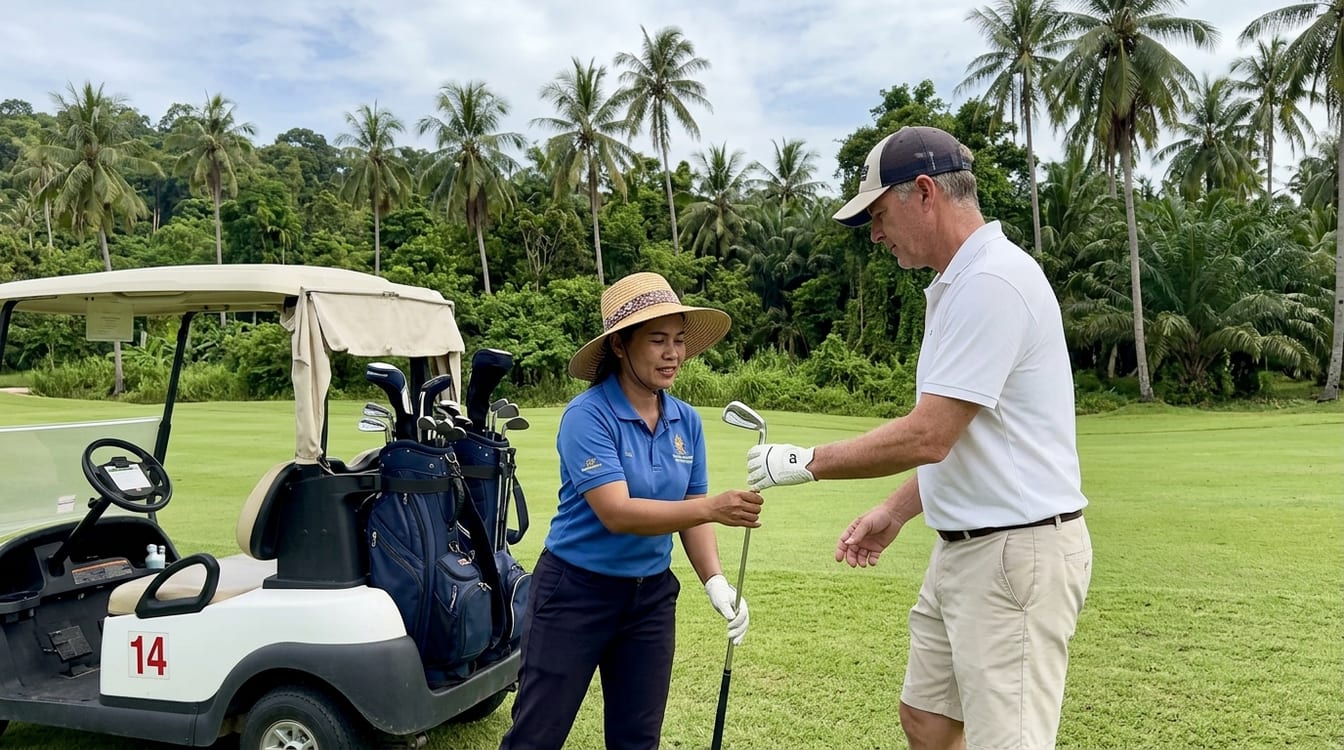 Caddie thaïlandaise lisant la ligne de putt sur un golf en Thaïlande