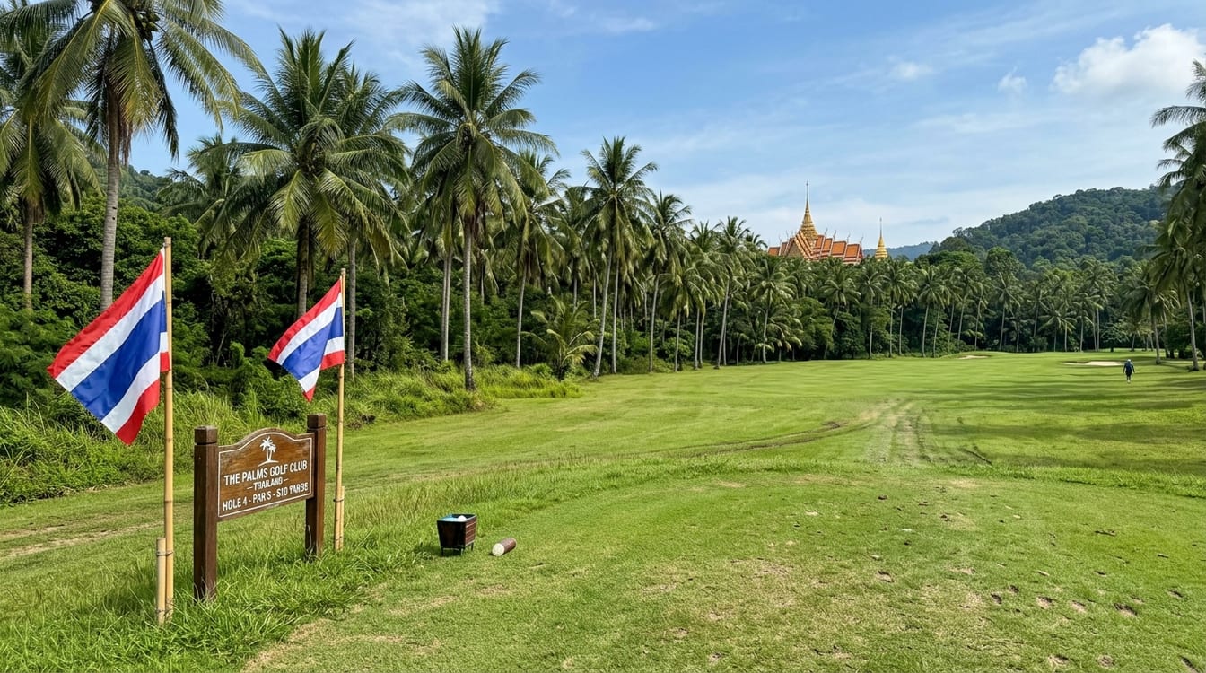 Parcours de golf en Thaïlande au petit matin, fairway bordé de palmiers