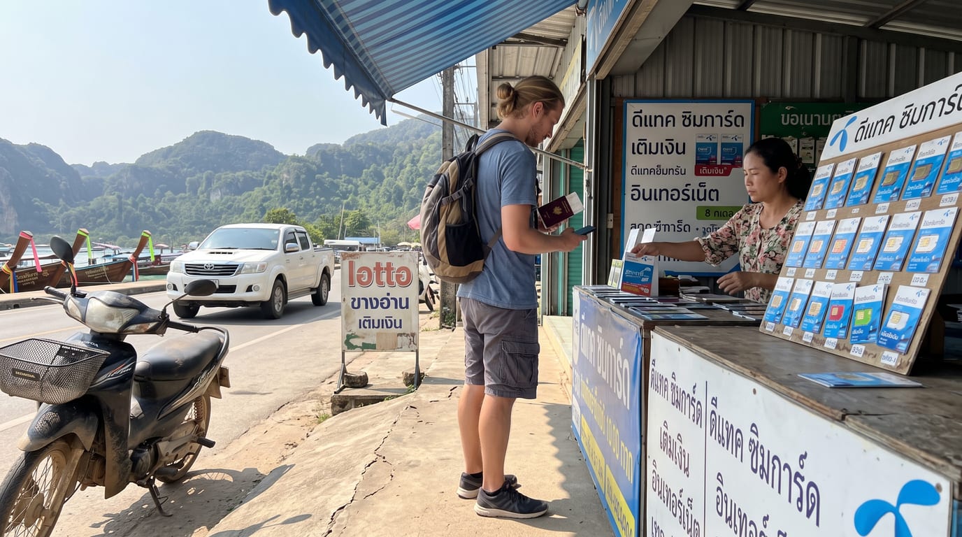 Carte SIM thaïlandaise glissée dans un téléphone à l'arrivée en Thaïlande