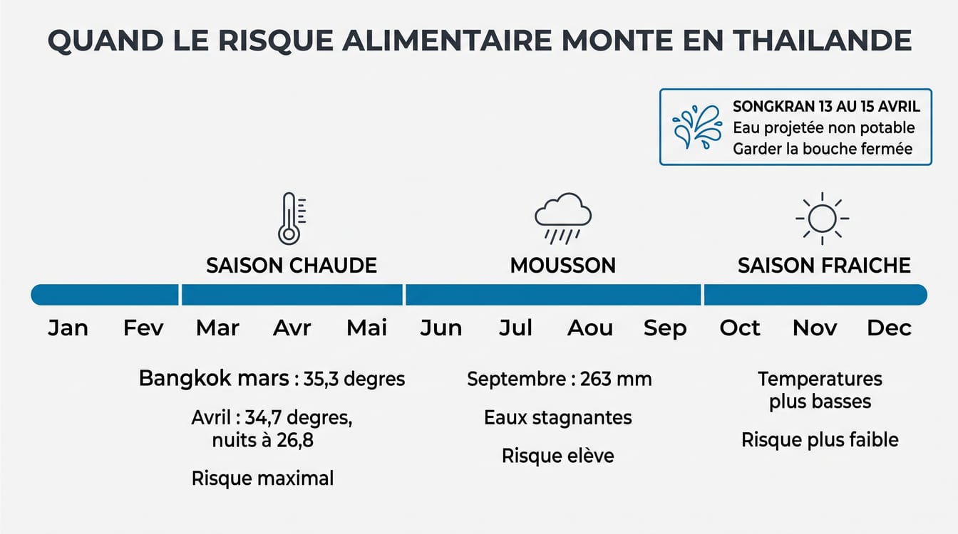 Risque d'intoxication alimentaire mois par mois en Thaïlande, températures et Songkran