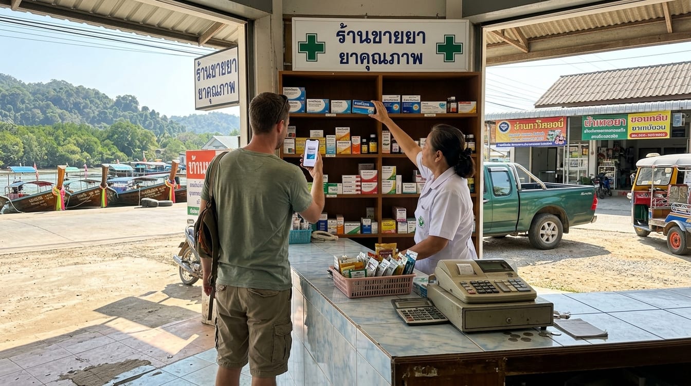 Dire son intoxication alimentaire en thaï, voyageur au comptoir d'une pharmacie