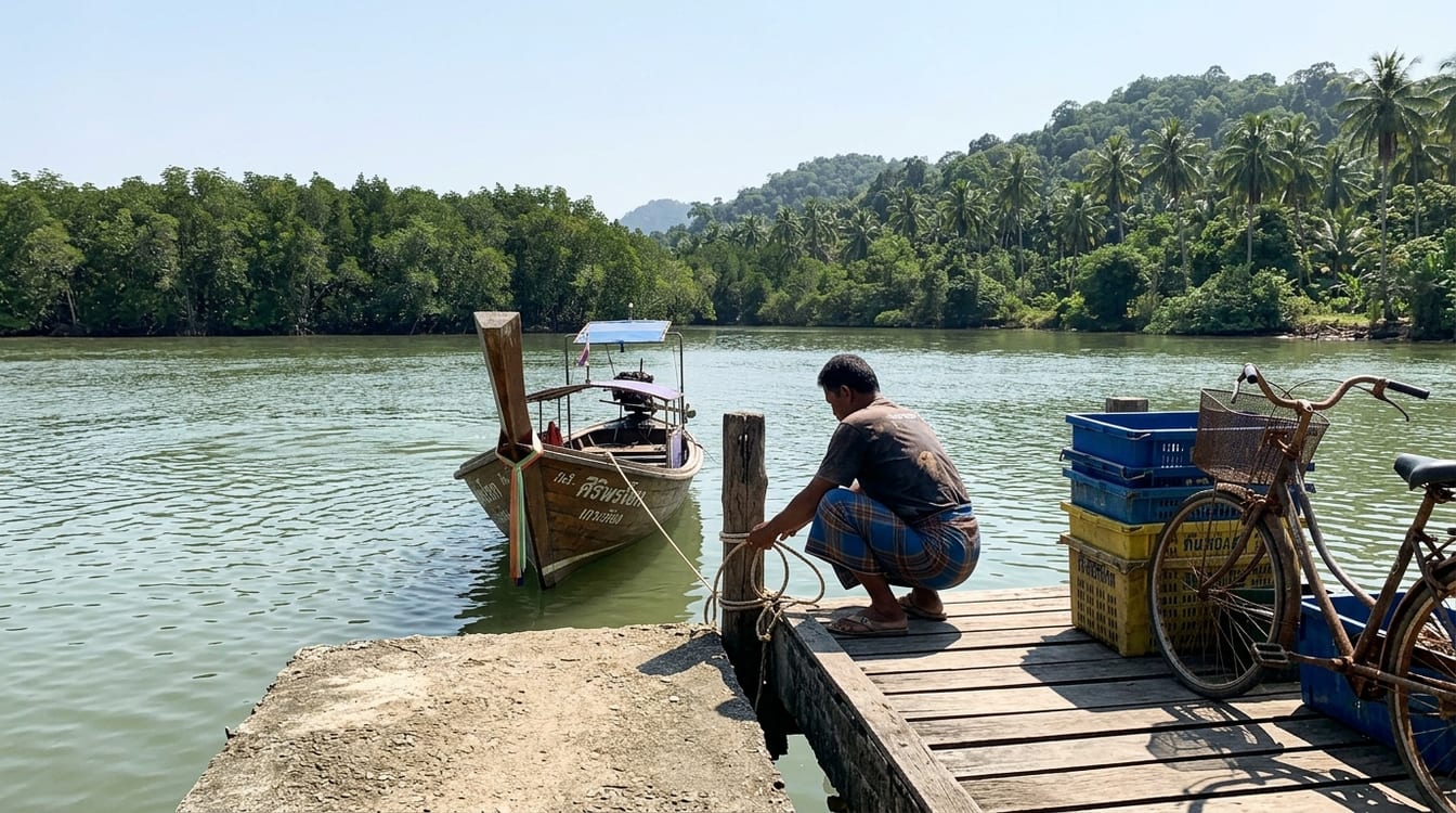 Koh Siboya, ponton de bois et mangrove face à Koh Jum