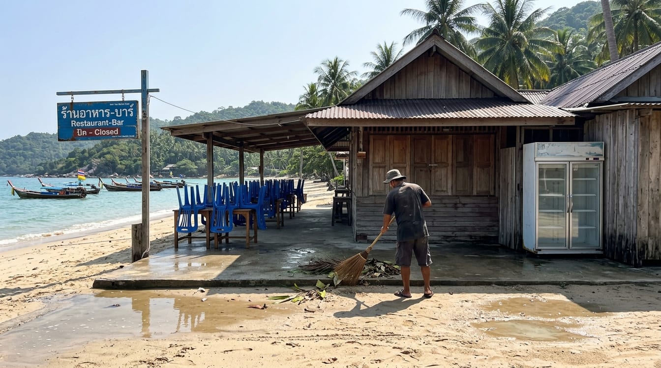 Koh Jum en basse saison, ciel de mousson au-dessus de la plage