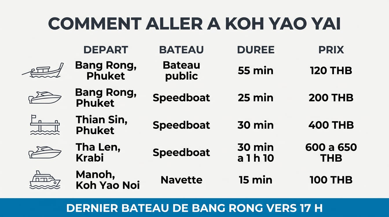 Traversées vers Koh Yao Yai depuis Phuket, Krabi et Koh Yao Noi, tarifs et derniers départs