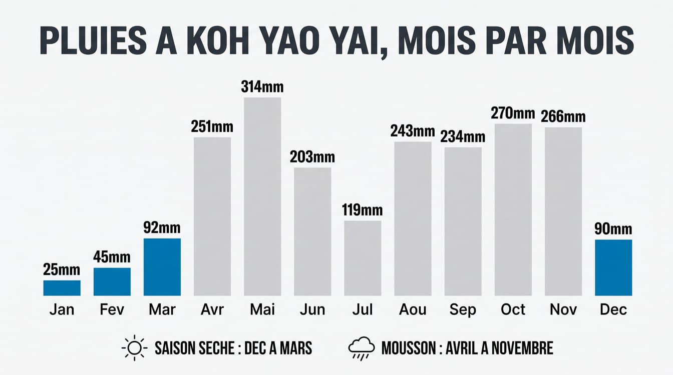 Pluie mois par mois à Koh Yao Yai relevée en 2025