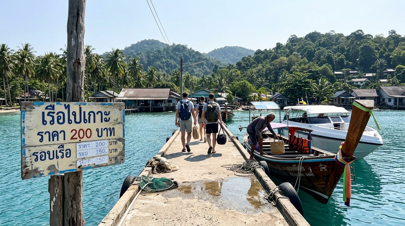 Arrivée en bateau à Koh Yao Yai, longtail et speedboat amarrés au pier