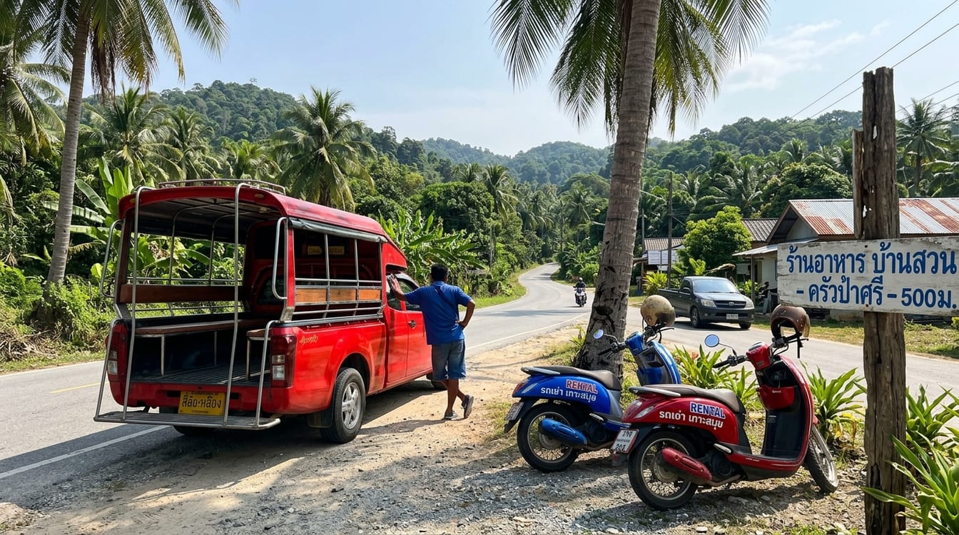 Songthaew rouge et scooters de location sur une route de Koh Yao Yai