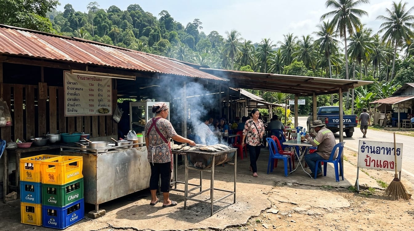 Gargote de bord de route à Koh Yao Yai, poisson grillé au charbon