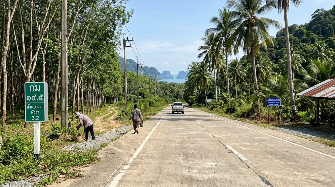 Route de Koh Yao Yai bordée d'hévéas et de cocotiers, borne kilométrique en thaï