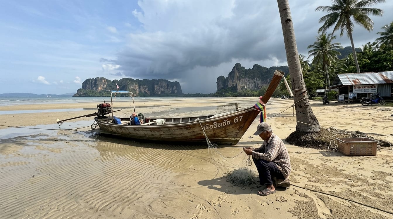 Plage de Koh Yao Yai à marée basse et mur de nuages de mousson au large