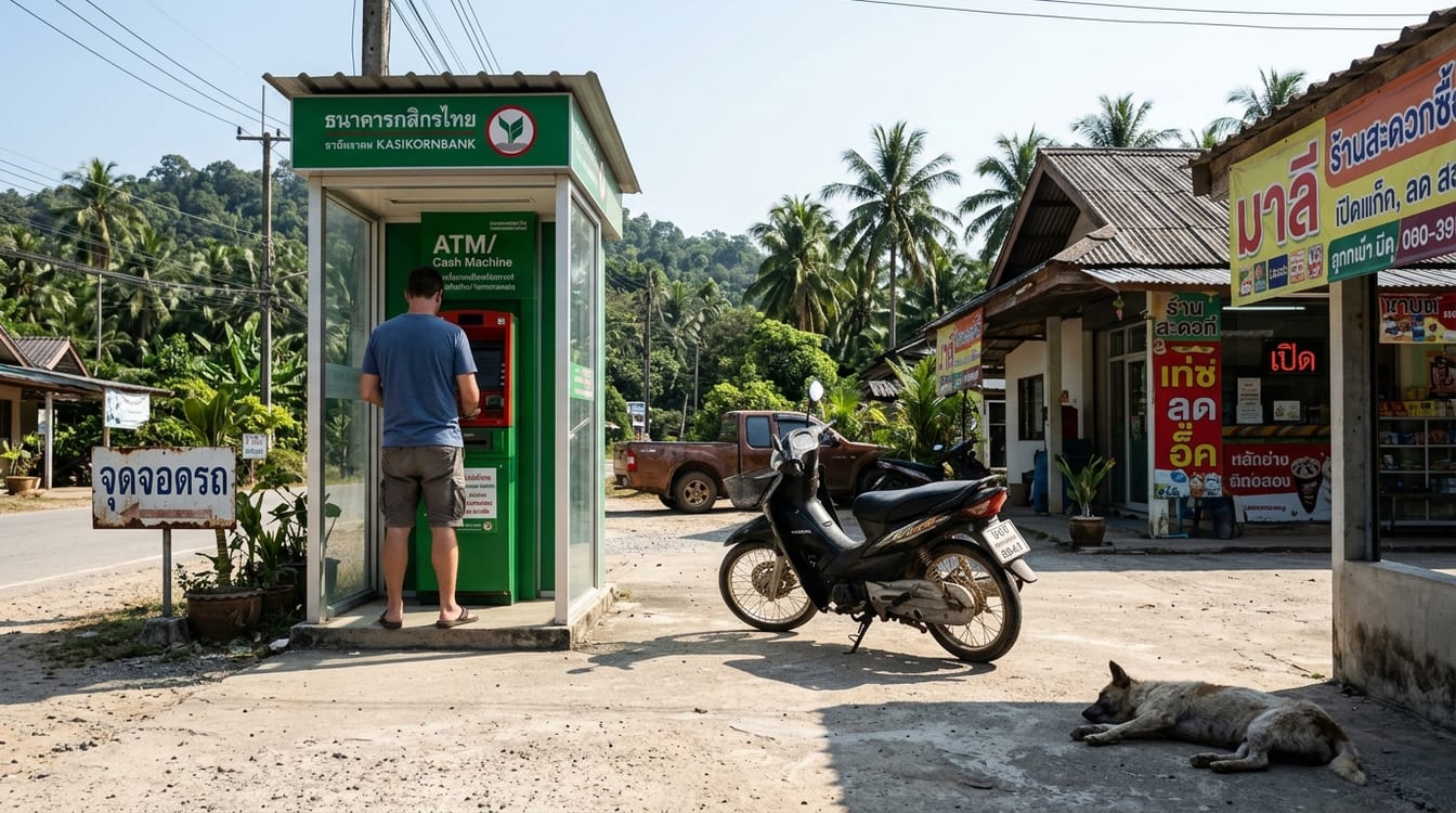 Distributeur de billets près d'une supérette de village à Koh Yao Yai